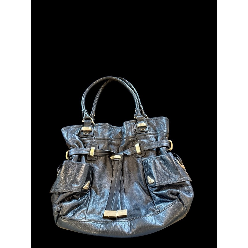 Vtg B Makowsky Genuine Leather Black & Gold Tone Large Shoulder Bag/Purse